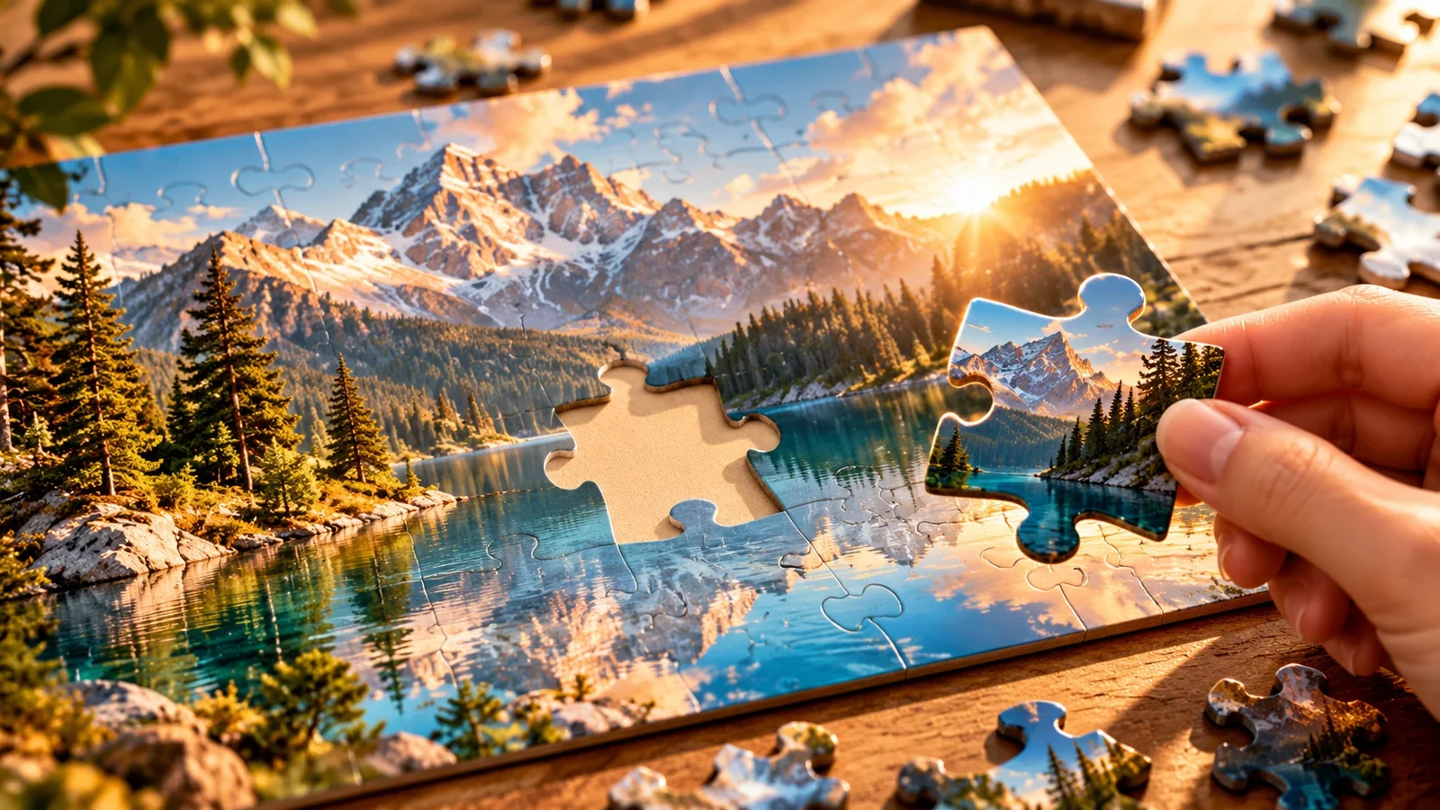 A puzzle of a mountain lake with one missing piece; a hand holds the piece that fits