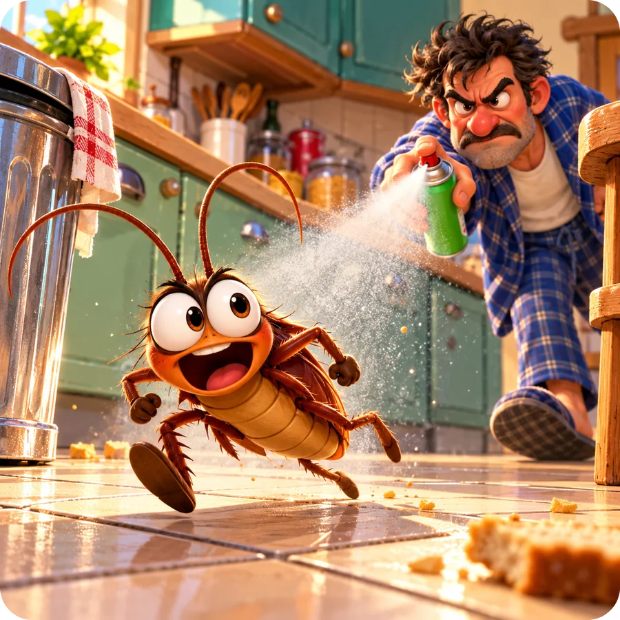 A little roach runs away from a man with a spray can in a sunny kitchen