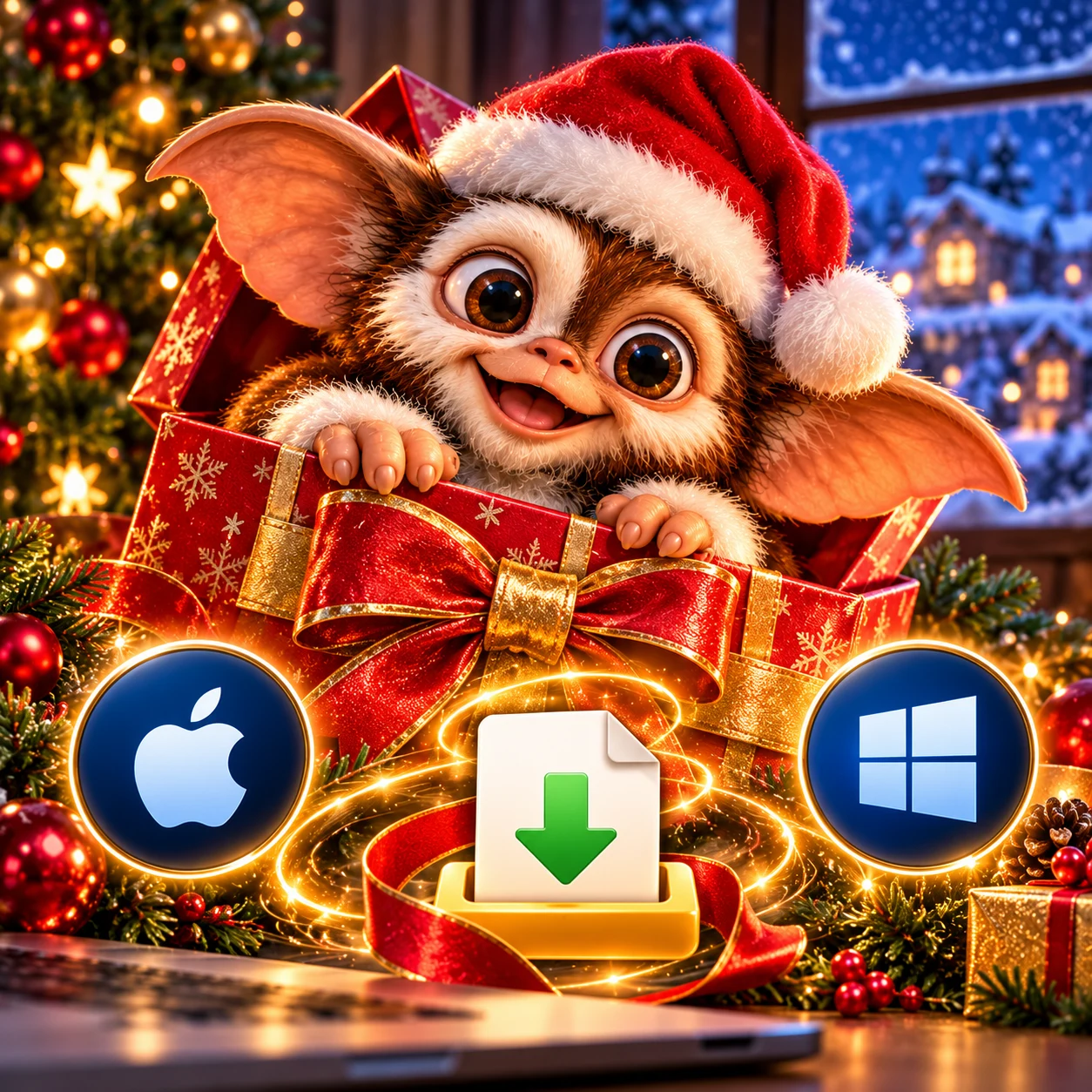 The Christmas Gremlin in a Santa hat peeking out of a gift box