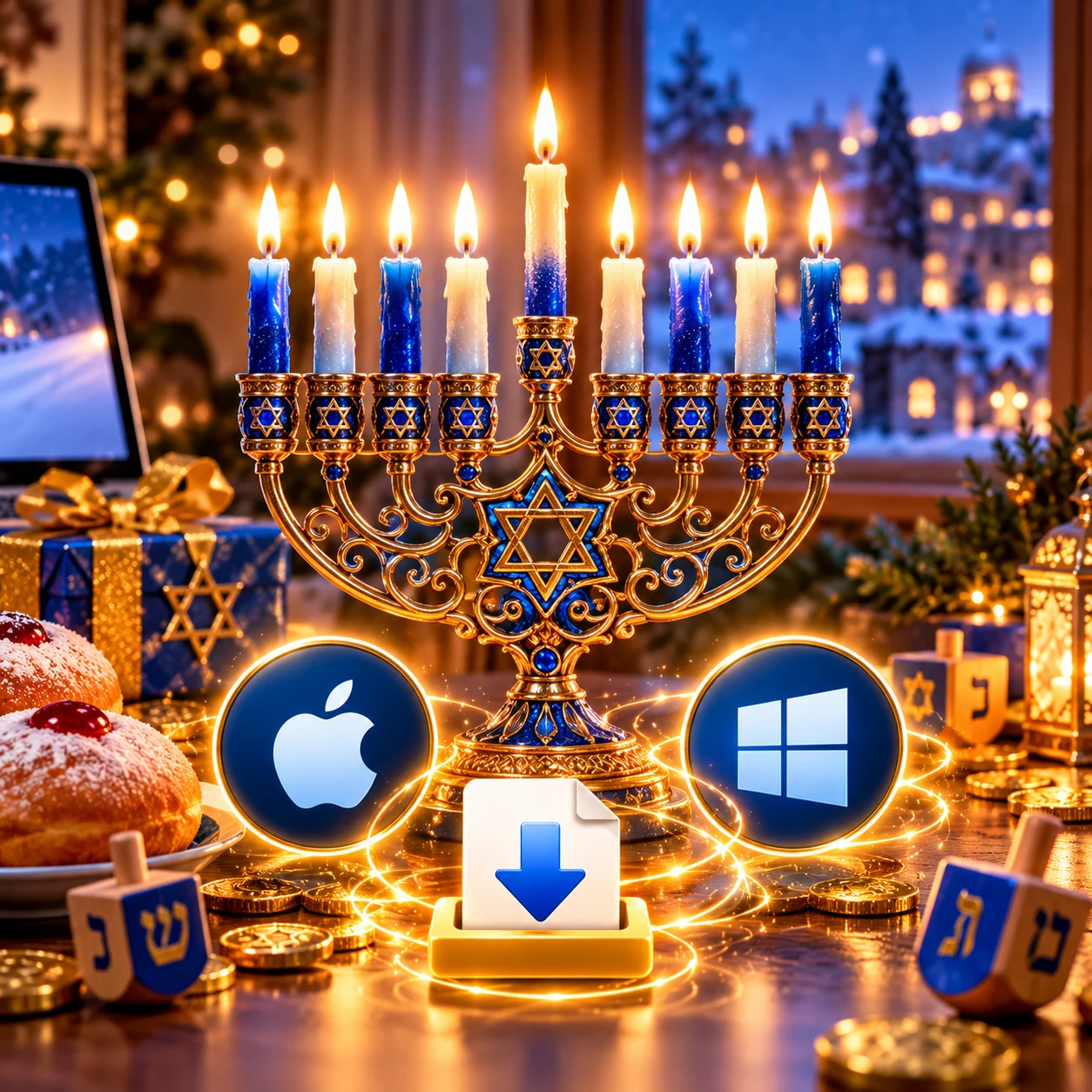 A golden hanukkiah with lit candles on a festive table